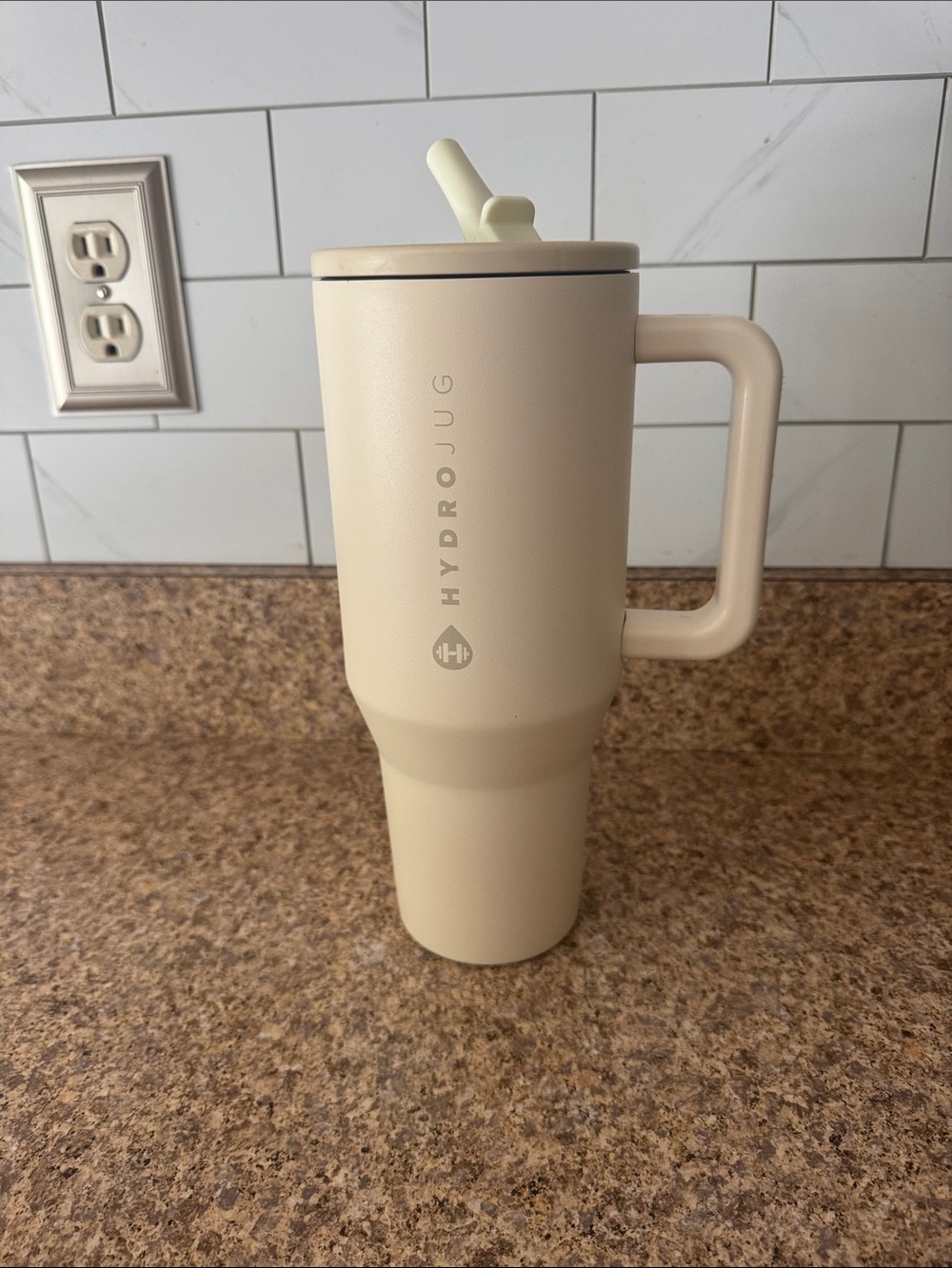 40 oz HydroJug Beige Travel Tumbler with Handle and Flip Straw Lid
